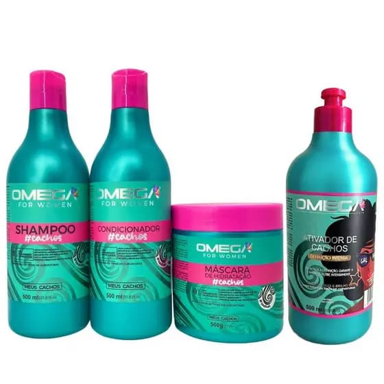 Kit Cabelos Cacheados Shampoo + Condicionador + Mascara + Ativador de Cachos 500ml Omega Hair