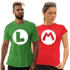 Kit 2 Invicto Camisetas Casal Mario Luigi Fantasia Carnaval Folia Tendência Masculina Feminina