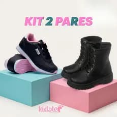 Kit 2 Pares Tênis Infantil Feminino Escolar Preto e Coturno Preto Kidstep
