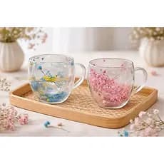Xicara transparente de 250ml, Vidro duplo com detalhes em flor por dentro.
