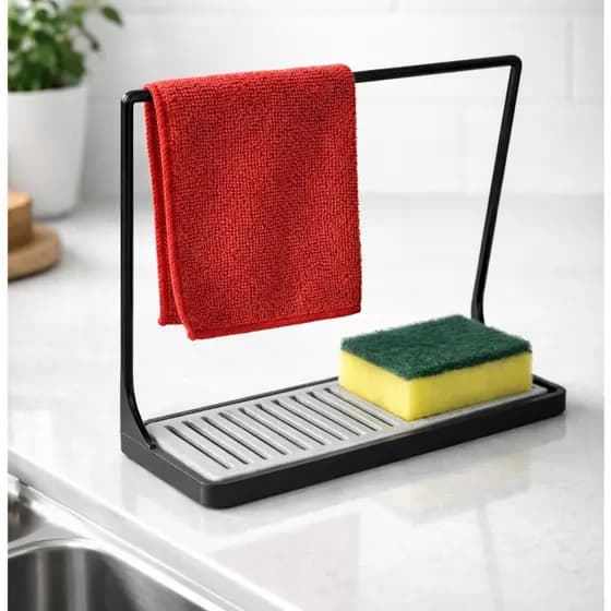 Suporte Organizador de Pia para Esponja e Pano com Bandeja Drenante – Design Moderno Preto