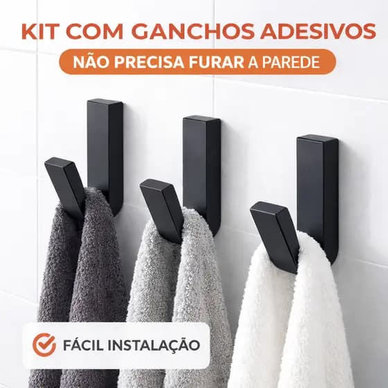Gancho Adesivo Premium para Banheiro – Pendurador de Toalhas Sem Furo | Forte Fixação | Preto, Branco ou Cinza