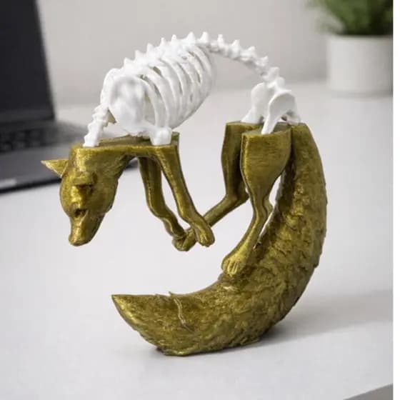 Escultura Decorativa Raposa Esqueleto Moderna Bronze Minimalista 10cm