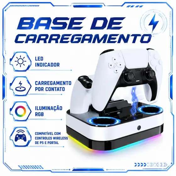 Carregador Base Para Controle P5 Portal LED RGB USB Tipo C Duplo Dock Station KP-LC03