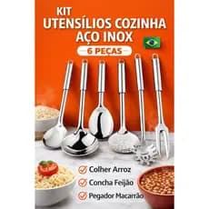Kit Utensílios Cozinha Inox 6 Peças Colher Arroz Concha Feijão Pegador Macarrão