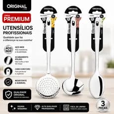 Kit Cozinha Colher De Arroz + Concha + Escumadeira Aco Inox Linha premium