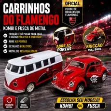 Carrinho Flamengo Fusca e Kombi Metal Fricção Abre Portas Miniatura Colecionável Oficial