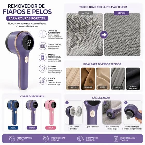 Removedor De Fiapos E Pelos Portátil Recarregável USB Com Display Digital