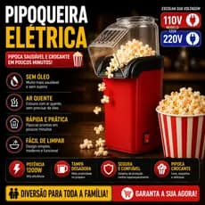 Pipoqueira Elétrica Sem Óleo Ar Quente 1200W Faz Pipoca Saudável Crocante 110V Ou 220V