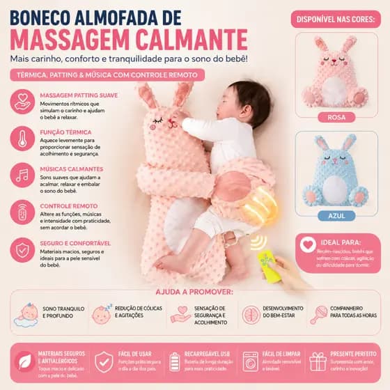 Boneco Almofada Calmante Bebê Com Música Massagem Térmica Controle Remoto Recarregável USB