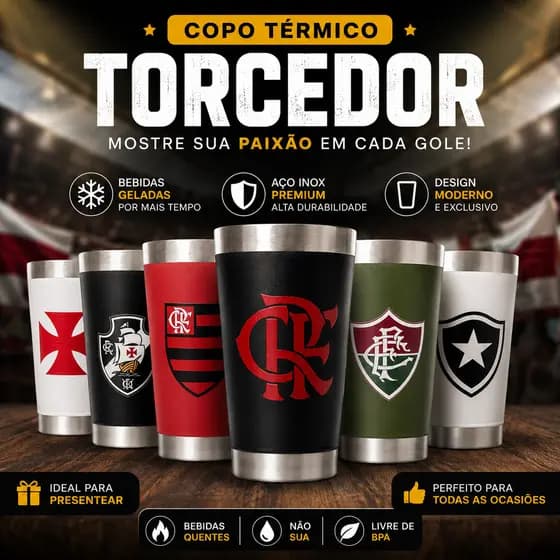 Copo Térmico Torcedor Em Aço Inox Com Tampa Premium Mantém Bebidas Geladas E Quentes Por Mais Tempo