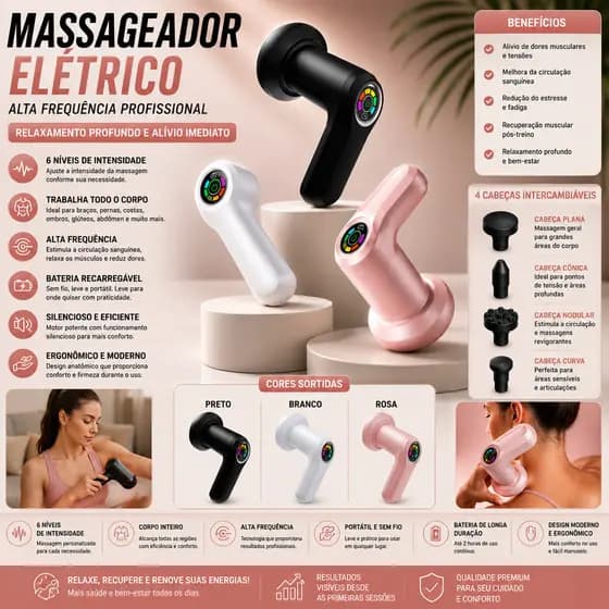 Massageador Elétrico Muscular Portátil Recarregável Sem Fio 6 Intensidades 4 Cabeças Relaxamento Corporal