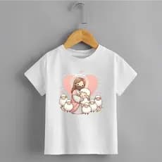 Camiseta Infantil Gola Redonda Estamp Coração Rosa Jesus Ovelhinha Delicada