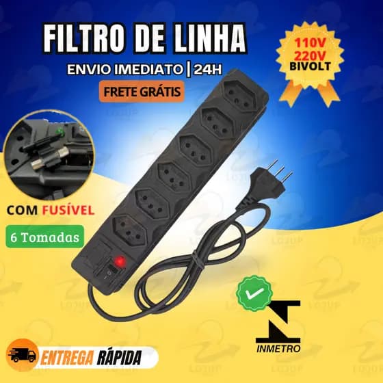 Filtro de Linha RÉGUA DE 6 TOMADAS tripolar 10 Amperes com fusível Pronta Entrega Chave Liga/Desliga