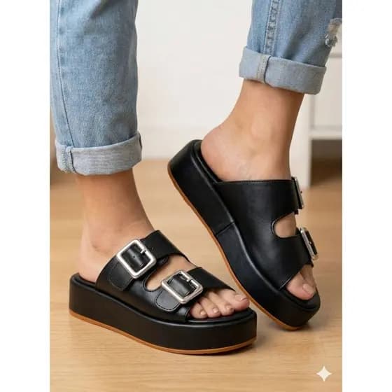 Sandalia Tamanco Flatform Feminino Plataforma Duas Tiras Detalhe Fivelas Metalicas Confortavel Casual Moda 2026 Dia Dia