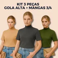 Kit 3 T-Shirt Feminina Blusa Gola Alta Camiseta Manga 3/4 Canelado Algodão Básica