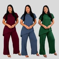 Conjunto Feminino Suede Calça Pantalona e Blusa Assimetrica Elegante Espojado