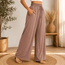 Calça Pantalona Feminina Suede Wide Leg, Cintura Alta, Cós Elástico, com Bolso