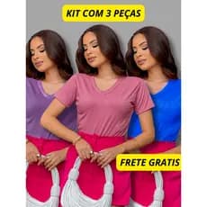 T-SHIRT  GOLA V DECOTADA CANELADA BLUSA BASICA MANGA KIT COM 3 PEÇAS