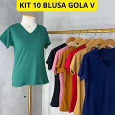 Blusa Feminina Gola V Básica Lisa 100% Canelada Confortavel– Kit de 10 Camiseta