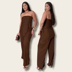 Conjunto Feminino Calça Pantalona + Blusa Assimétrica Tomara que Caia Suede Elegante Moda