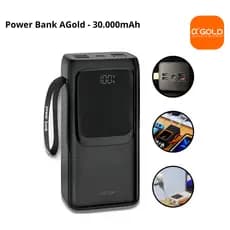 Carregador Portátil | Power Bank 30000mAh A'Gold BTE-46 | Carga Rápida 22,5W PD | Lanterna LED | 4 Cabos Integrados
