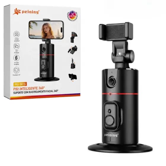 Suporte Celular Peining P02 PEI-SK15-B | Rastreamento Facial 360° | Luz LED Dupla | Controle Bluetooth