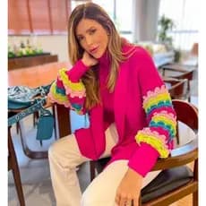 Cardigan Tricot Casaco manga Longo Bufante Com Detalhes Coloridos nas Mangas