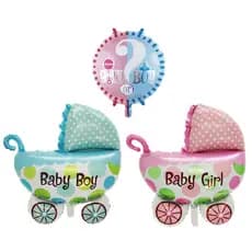 Kit 3 Balão Metalizado dois Carrinhos baby Girl e Boy 66x79 cm e Balao Redondo 45x45 cm