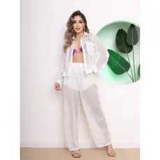 Conjunto saida de praia chamisa manga longa e calca com bolso na latera