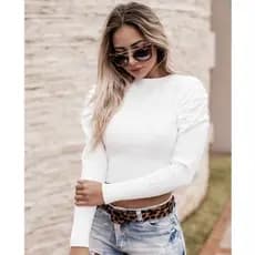 Blusa de Frio Tricô Tricot Cropped Manga Longa Princesa Bufante