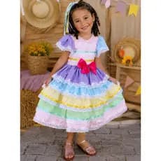 Vestido Festa Junina Candy Colors Infantil Rodado com Renda e Laço - Vestido de festa junina colorido delicado