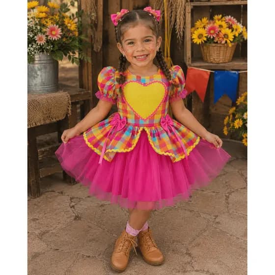 Vestido Festa Junina com saia de tule pink e colorido