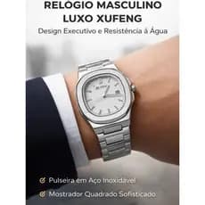 Relógio Masculino Xufeng Vidro Quadrado Luxo Executivo em Aço Inoxidável