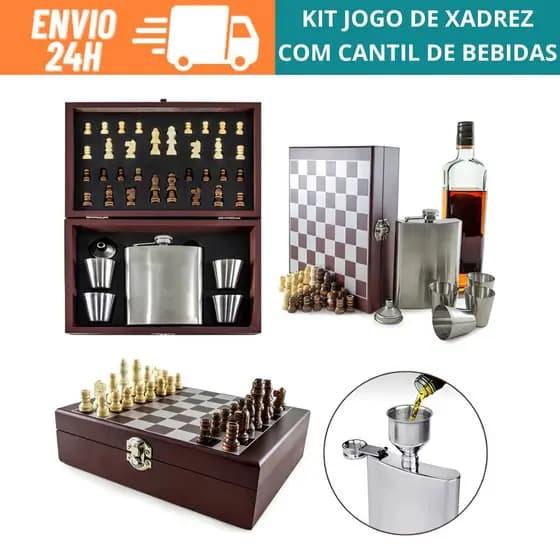 Kit Jogo de Xadrez Na Maleta Com Cantil de 200ml Portatil + Copos e Funil