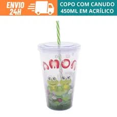 Copo Plástico Com Canudo Casal De Sapos Amor 450ml Reutilizável e Fácil de Lavar