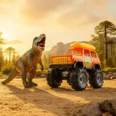 Brinquedo Dinossauro Tiranossauro Rex + Jipe + Bote Sambatoys Criança Presente Safari Menino Menina Carrinho