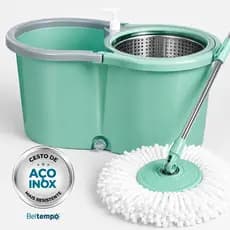 Mop Giratório Limpeza Esfregão 360º Balde 16 Litros Cesto Aço Inox Cabo Longo 140cm Com Refil Rodas E Alça Beltempo