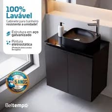 Kit Gabinete Aço Galvanizado Lavável Banheiro Suspenso 62cm Preto Com Cuba Pia Apoio Tampo Vidro 2 Portas Beltempo