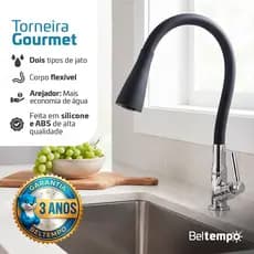 Torneira Cozinha Gourmet Flexível Duplo Jato Silicone Premium Preta Cromada Beltempo