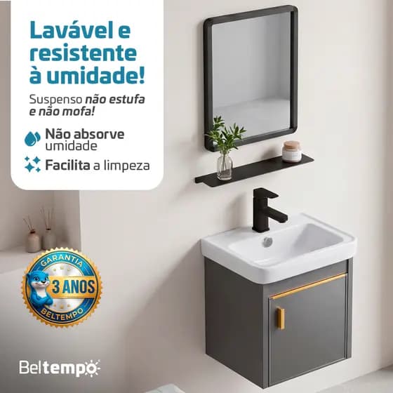 Gabinete Banheiro Suspenso Impermeável Cuba Espelho 43x46cm Anti Umidade Cinza Beltempo