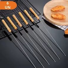 Kit 6 Mini Espetos de Churrasco Espetinho Inox com Cabo de Madeira