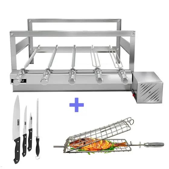 Churrasqueira Giratória Grill Inox Gira Soft Grill 5 Espetos + Espeto Grelha + Faca Lado Direito