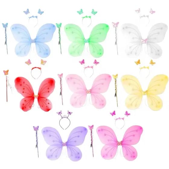 20 Kit/Com 3 peças Fantasia Asa de Borboleta Fada Infantil+varinha+tiara Multineos