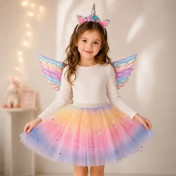 Kit 3 Fantasia Infantil Unicórnio Asa+Saia+Tiara Cosplay/Festa/Carnaval/Helloween/Aniversário/Casamento
