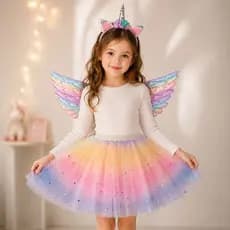 Kit 3 Fantasia Infantil Unicórnio Asa+Saia+Tiara Cosplay/Festa/Carnaval/Helloween/Aniversário/Casamento