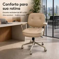 Cadeira de Escritório Bege Giratória Reclinável com Braços Couro PU 150kg Home Office e Penteadeira