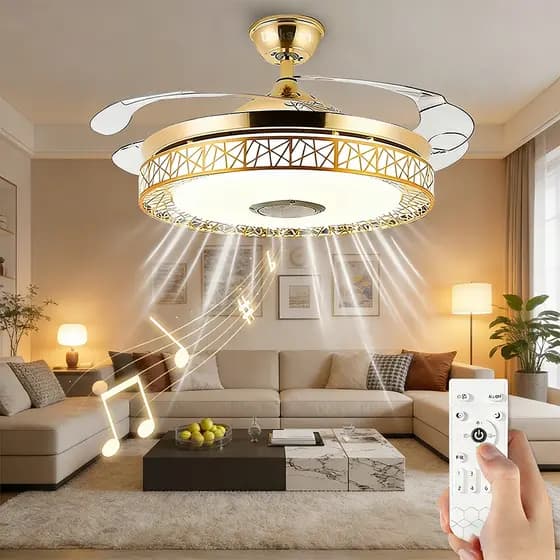 Ventilador De Teto Luz LED Música Pás Retrátil Modos de iluminação ajustáveis Com Controle Remoto