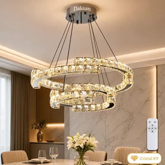 Lustre Pendente LED Cristal K9 2 Anéis 60+40cm Dimerizável 3 Cores Com Controle Remoto Bivolt