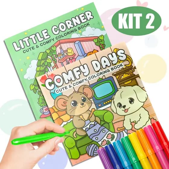 Kit 2 Livros para Colorir Infantil 96 Páginas Capa Dura Animais e Vida em Família Cute & Comfy